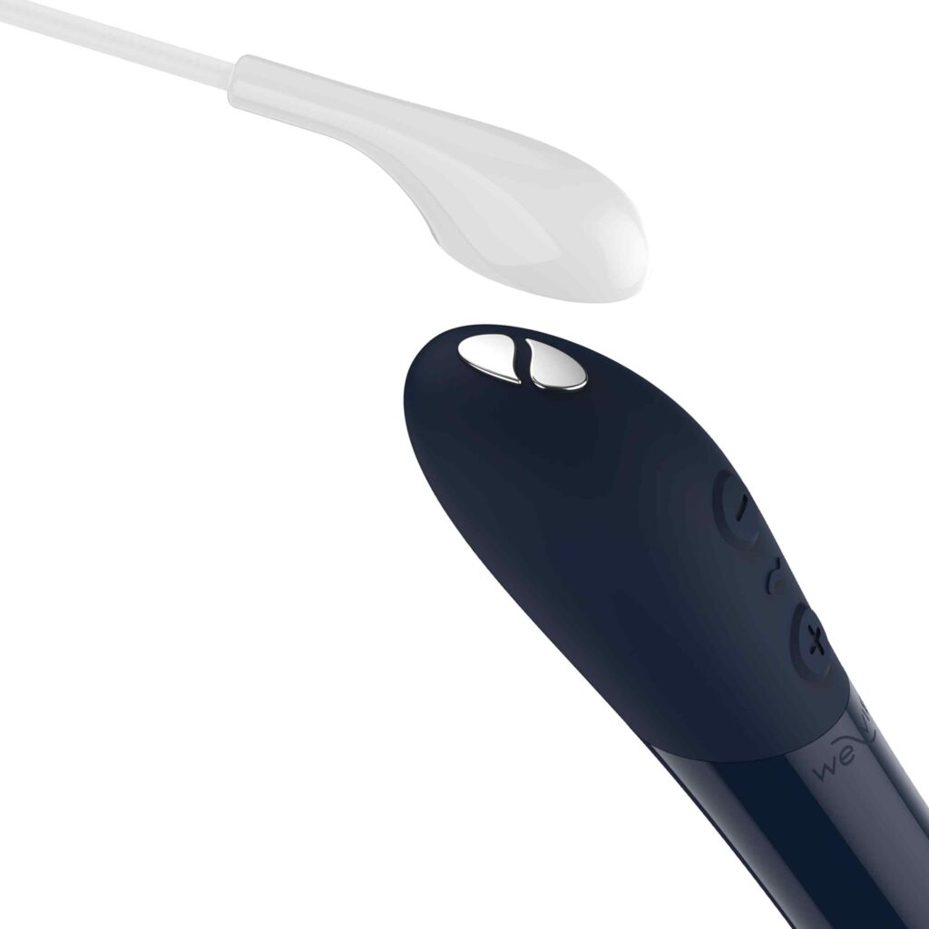 We-Vibe Tango X Bullet Vibrator - Clitor Mini Vibrator - Midnight Blue - charging cord contact - product photo on white