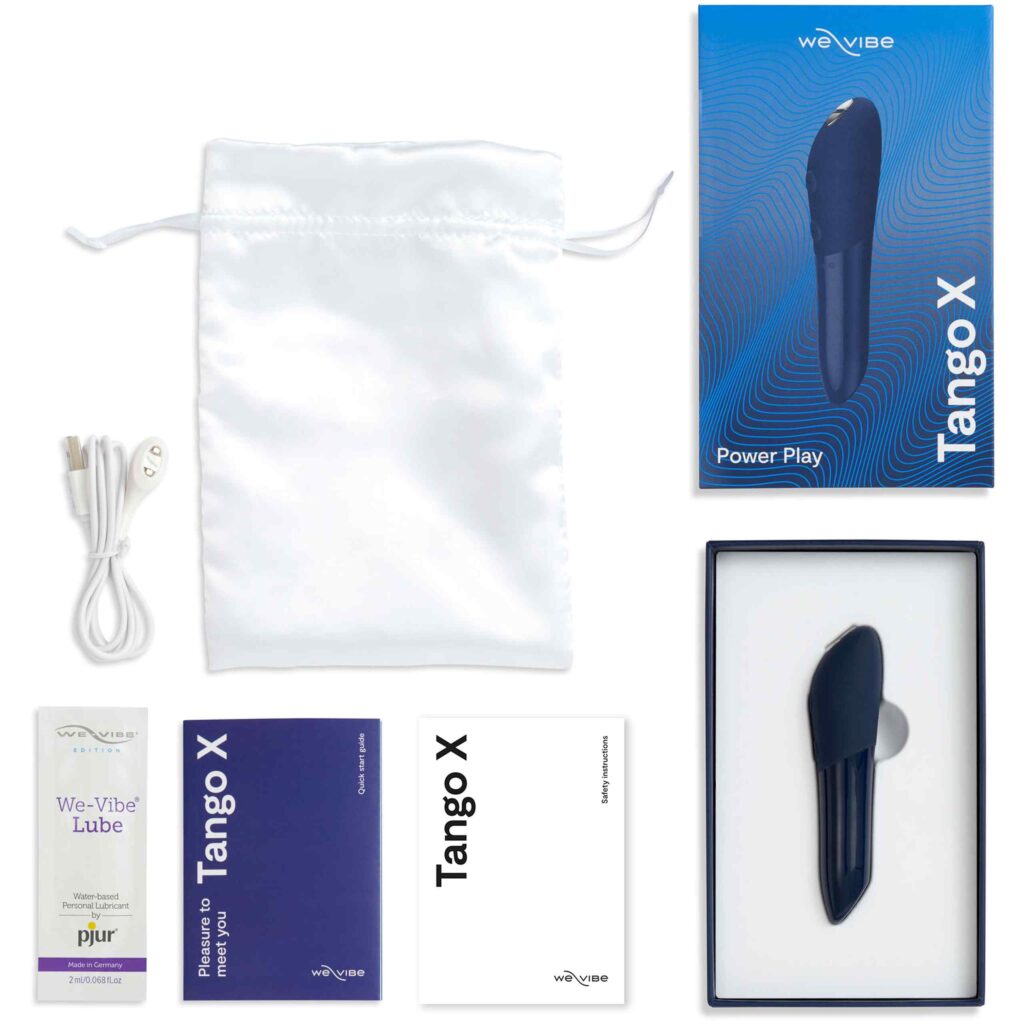 We-Vibe Tango X Bullet Vibrator - Clitor Mini Vibrator - Midnight Blue - unboxed contents - product photo on white